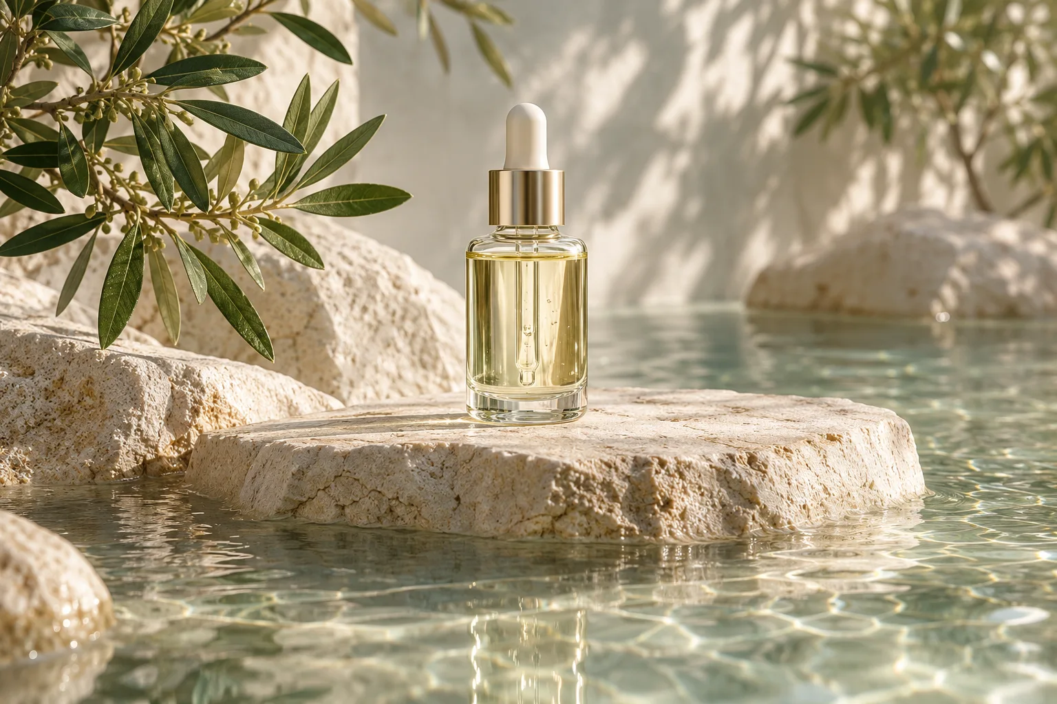 Illustrative product scene with reflective water and a glass bottle